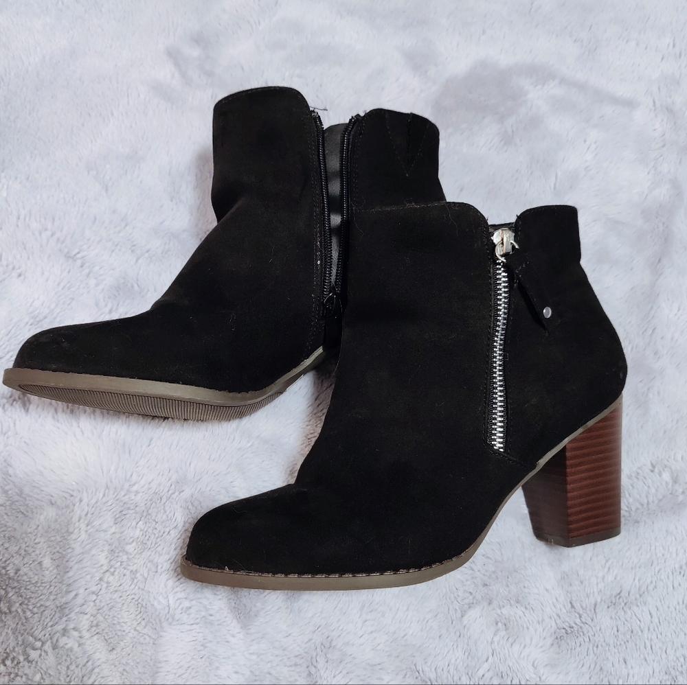 Torrid wide width black faux suede booties with stacked block heel